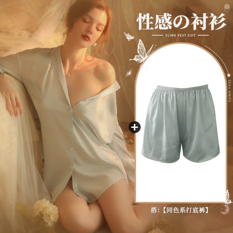 仙懿セクシー彼氏風シャツパジャマ女夏純欲薄款高級感部屋着可外着大ヤード430