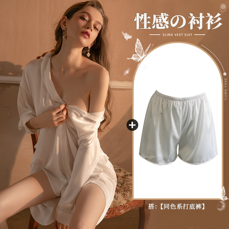 仙懿セクシー彼氏風シャツパジャマ女夏純欲薄款高級感部屋着可外着大ヤード430