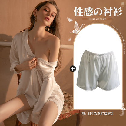 仙懿セクシー彼氏風シャツパジャマ女夏純欲薄款高級感部屋着可外着大ヤード430