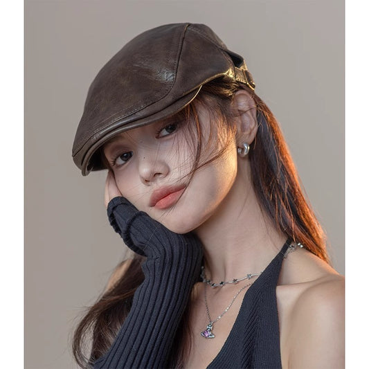 帽子の女性の款2025の新型のファッションの潮流革の港の風の頭の頭の頭の頭の前の帽子復古のベレー帽は顔が小さく見えます