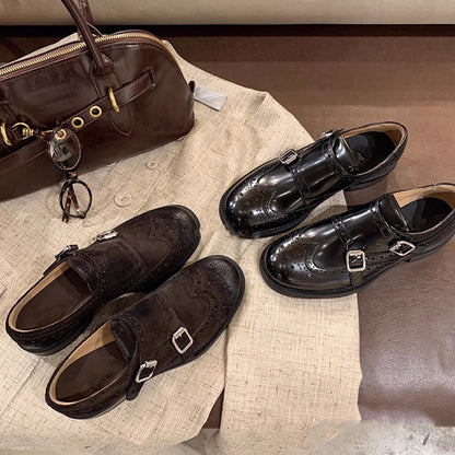 帯帯の彫刻花双バックル通気ローファー女子シングル靴小さい革靴