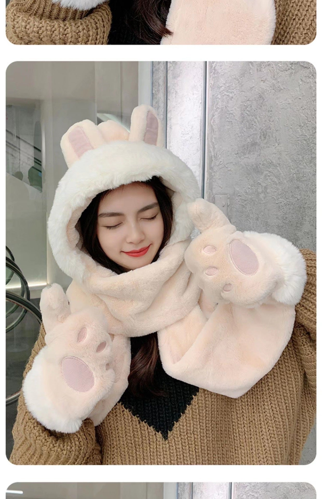 韓版の帽子の女性の秋冬の帽子のマフラーの3点セットのかわいいウサギの耳の暖かいマフラーの3点セットをプラスします