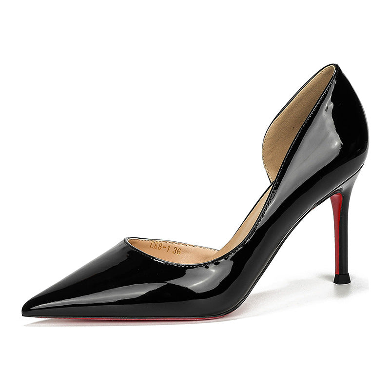 フランスの赤い地の側の空の尖ったハイヒールの女性の細いかかと秋冬の浅い口のセクシーな気質は百の合わせることができて軽くて高級感があります