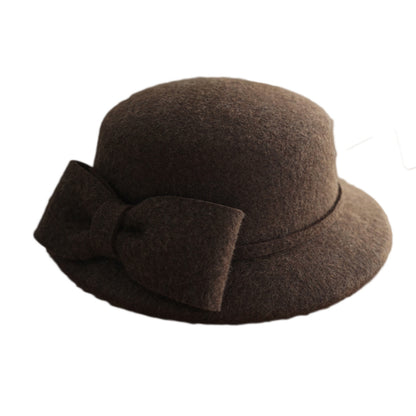 フランス復古ヘップバーン茶色カレー色リボンウールうシルクハットの毛中折れ帽日系秋冬女优雅盆帽