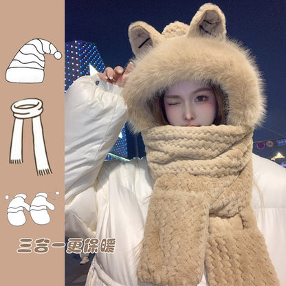 韓版の帽子の女性の秋冬の帽子のマフラーの3点セットのかわいいウサギの耳の暖かいマフラーの3点セットをプラスします