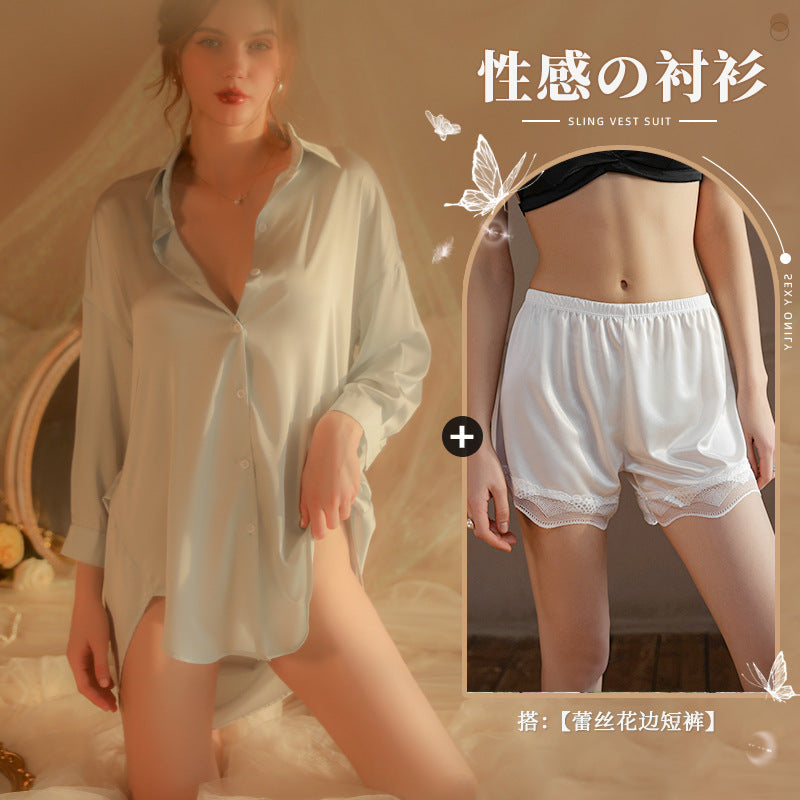 仙懿セクシー彼氏風シャツパジャマ女夏純欲薄款高級感部屋着可外着大ヤード430