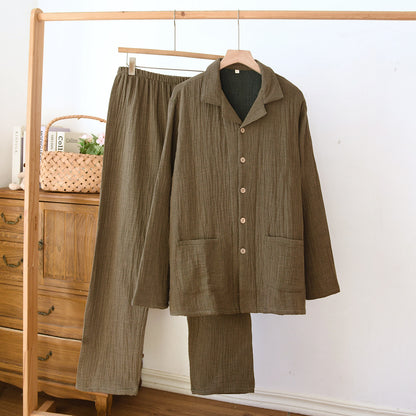 春秋の新型の4層の紗男性の女の人の部屋服水洗いの色の織の綿の紗のカップルの装長袖の長ズボンの四季のセットです