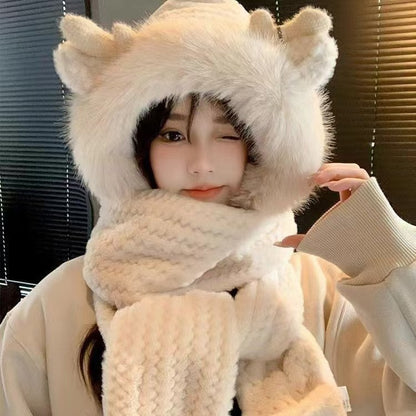 鹿の角の3点セットの秋冬の帽子女性の手袋のマフラーの一体はかわいくてあたたかくて厚い毛の絨帽を加えます