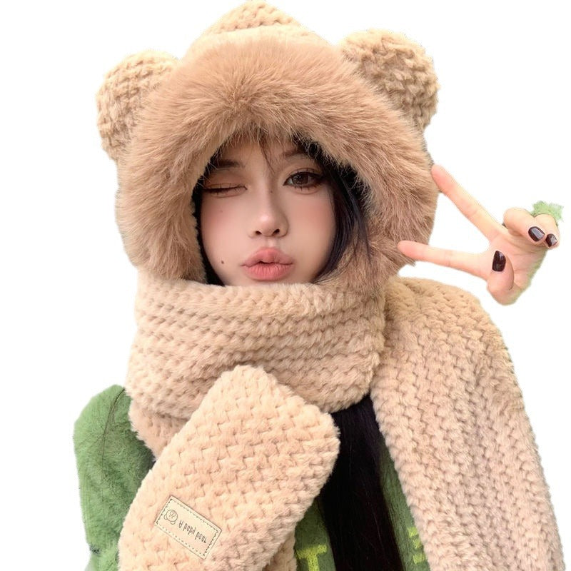 小熊の毛の羽毛の帽子のマフラーの一体の女性の款の冬のかわいい秋冬の款の手袋の3点セットは暖かくします2023新モデル
