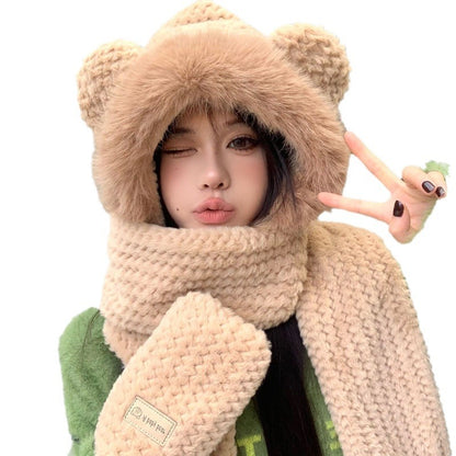 小熊の毛の羽毛の帽子のマフラーの一体の女性の款の冬のかわいい秋冬の款の手袋の3点セットは暖かくします2023新モデル