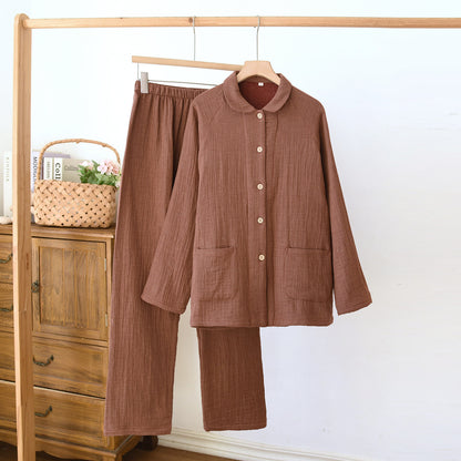 春秋の新型の4層の紗男性の女の人の部屋服水洗いの色の織の綿の紗のカップルの装長袖の長ズボンの四季のセットです