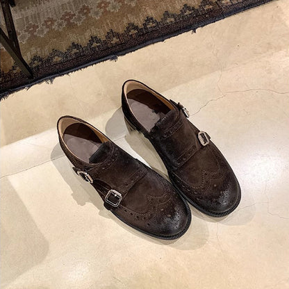 帯帯の彫刻花双バックル通気ローファー女子シングル靴小さい革靴