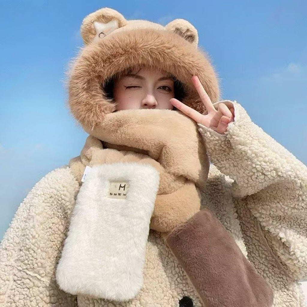 韓版の帽子の女性の秋冬の帽子のマフラーの3点セットのかわいいウサギの耳の暖かいマフラーの3点セットをプラスします