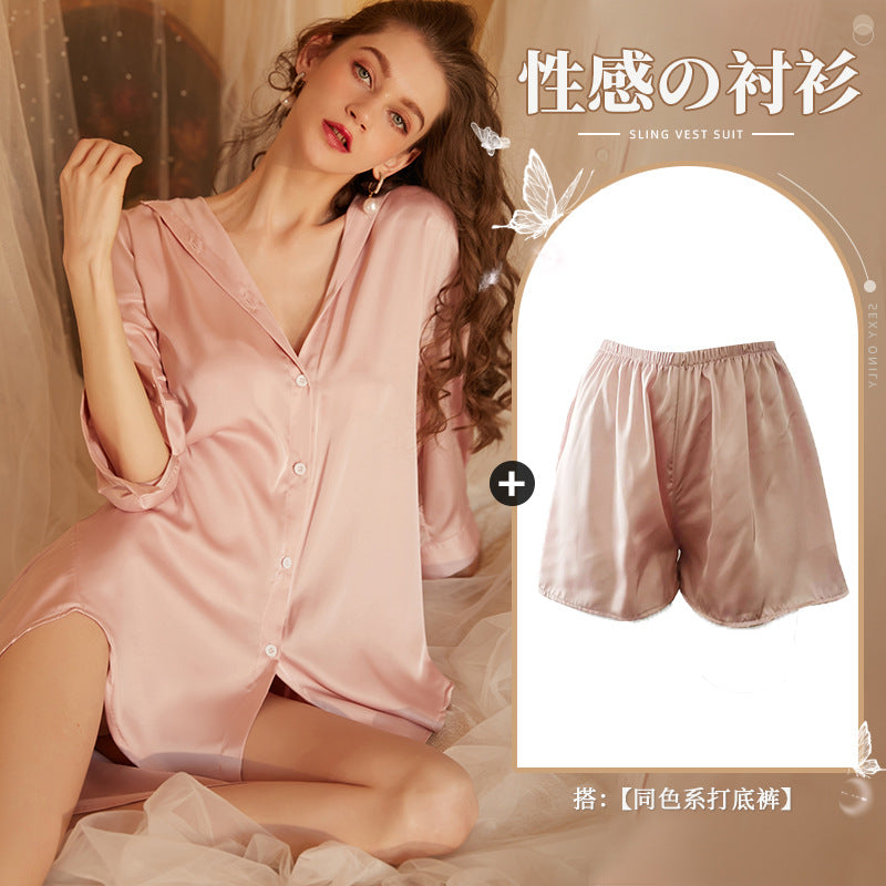 仙懿セクシー彼氏風シャツパジャマ女夏純欲薄款高級感部屋着可外着大ヤード430