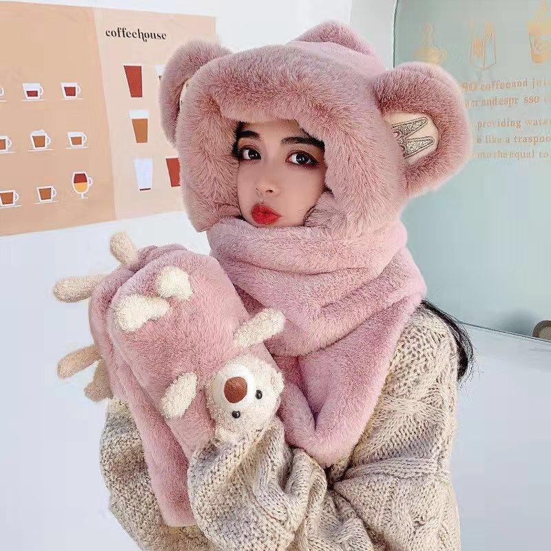 韓版の帽子の女性の秋冬の帽子のマフラーの3点セットのかわいいウサギの耳の暖かいマフラーの3点セットをプラスします