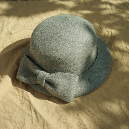 フランス復古ヘップバーン茶色カレー色リボンウールうシルクハットの毛中折れ帽日系秋冬女优雅盆帽