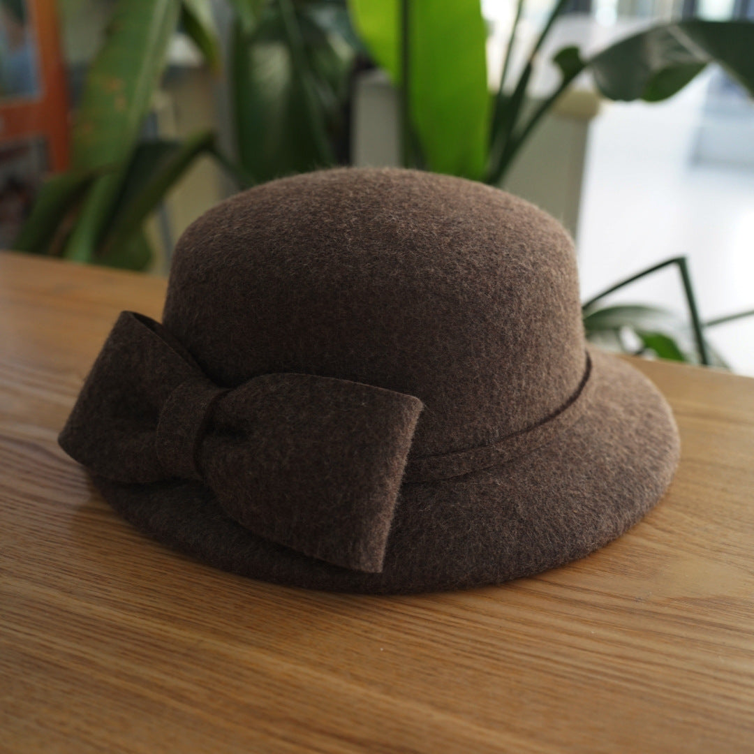 フランス復古ヘップバーン茶色カレー色リボンウールうシルクハットの毛中折れ帽日系秋冬女优雅盆帽