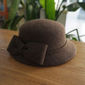 フランス復古ヘップバーン茶色カレー色リボンウールうシルクハットの毛中折れ帽日系秋冬女优雅盆帽