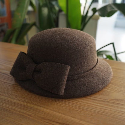 フランス復古ヘップバーン茶色カレー色リボンウールうシルクハットの毛中折れ帽日系秋冬女优雅盆帽