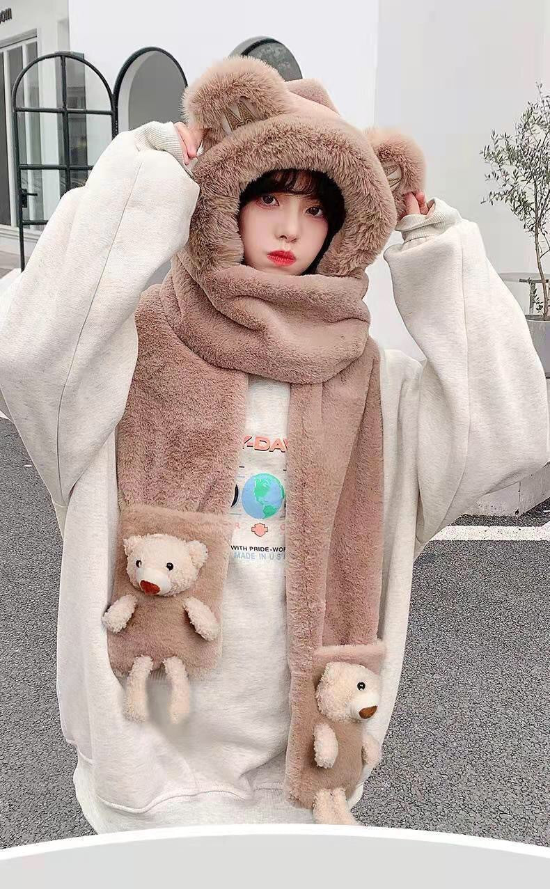 韓版の帽子の女性の秋冬の帽子のマフラーの3点セットのかわいいウサギの耳の暖かいマフラーの3点セットをプラスします