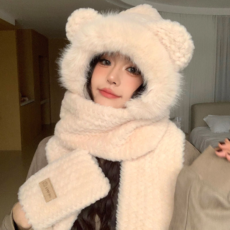 小熊の毛の羽毛の帽子のマフラーの一体の女性の款の冬のかわいい秋冬の款の手袋の3点セットは暖かくします2023新モデル
