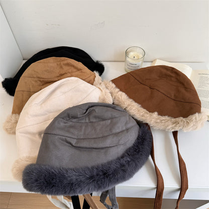 ふわふわ帽子女冬純色がかわいい漁師帽子山帽子ゆったり厚手ファッション東北防寒防寒耳当て