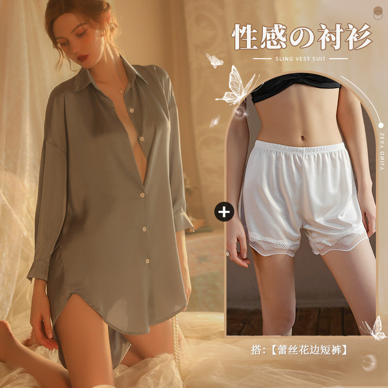 仙懿セクシー彼氏風シャツパジャマ女夏純欲薄款高級感部屋着可外着大ヤード430