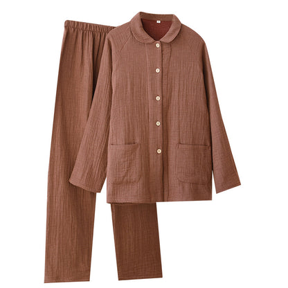 春秋の新型の4層の紗男性の女の人の部屋服水洗いの色の織の綿の紗のカップルの装長袖の長ズボンの四季のセットです