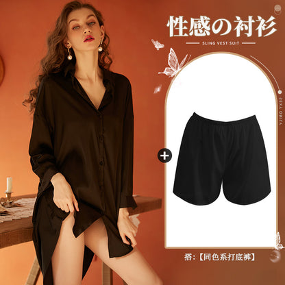 仙懿セクシー彼氏風シャツパジャマ女夏純欲薄款高級感部屋着可外着大ヤード430