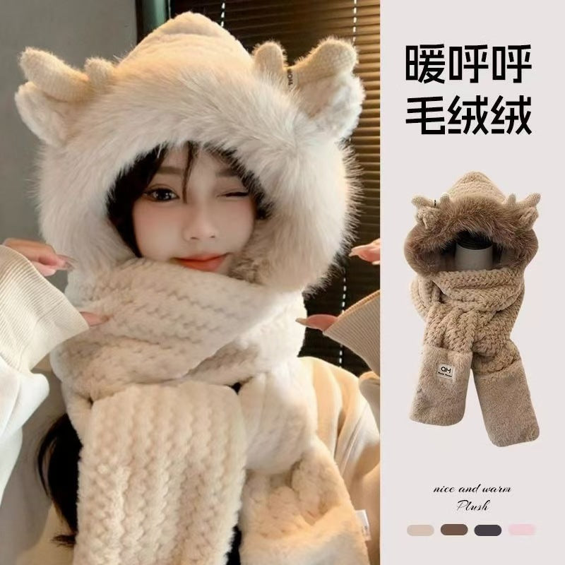 鹿の角の3点セットの秋冬の帽子女性の手袋のマフラーの一体はかわいくてあたたかくて厚い毛の絨帽を加えます