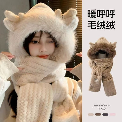鹿の角の3点セットの秋冬の帽子女性の手袋のマフラーの一体はかわいくてあたたかくて厚い毛の絨帽を加えます
