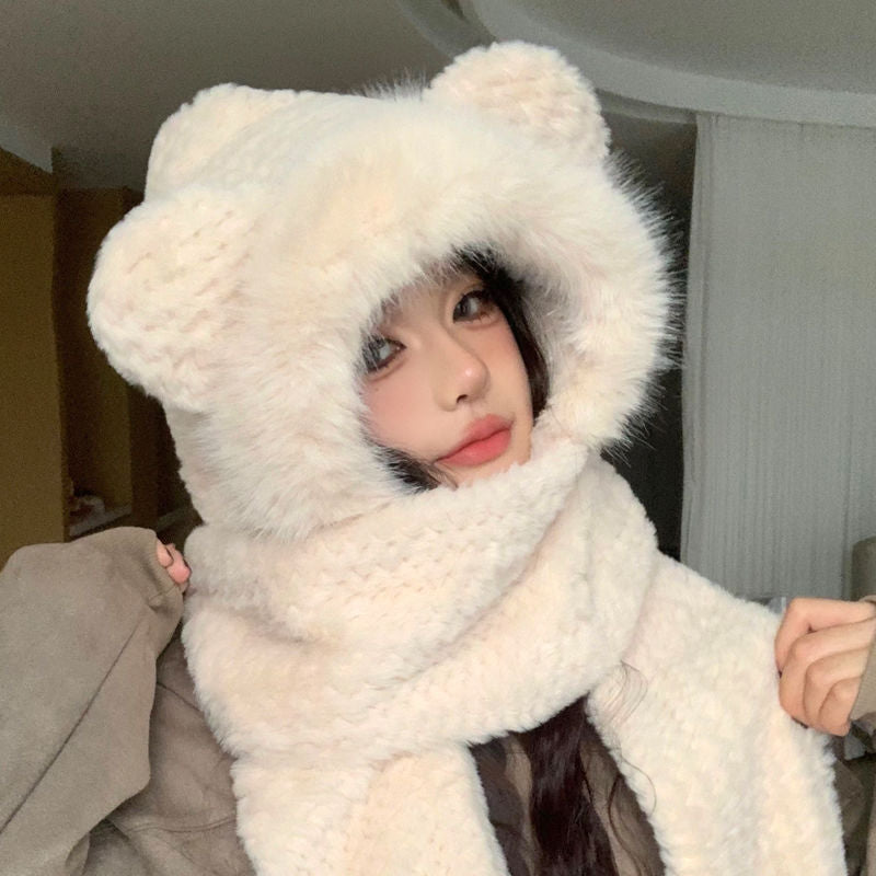 小熊の毛の羽毛の帽子のマフラーの一体の女性の款の冬のかわいい秋冬の款の手袋の3点セットは暖かくします2023新モデル