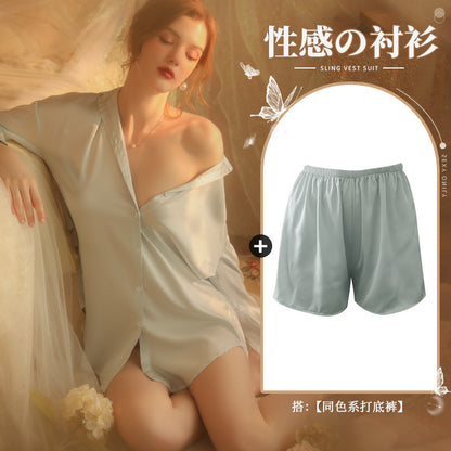 仙懿セクシー彼氏風シャツパジャマ女夏純欲薄款高級感部屋着可外着大ヤード430