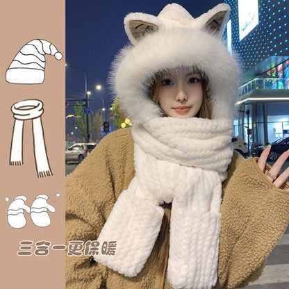 韓版の帽子の女性の秋冬の帽子のマフラーの3点セットのかわいいウサギの耳の暖かいマフラーの3点セットをプラスします