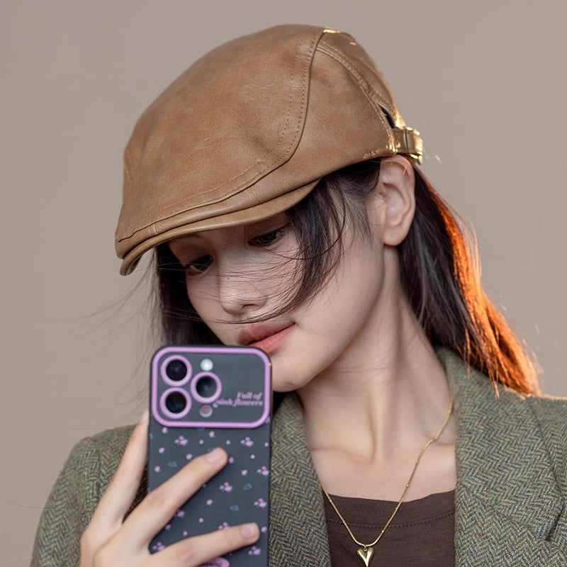 帽子の女性の款2025の新型のファッションの潮流革の港の風の頭の頭の頭の頭の前の帽子復古のベレー帽は顔が小さく見えます