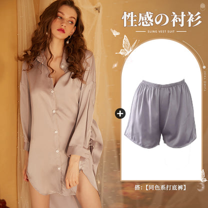 仙懿セクシー彼氏風シャツパジャマ女夏純欲薄款高級感部屋着可外着大ヤード430