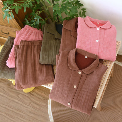 春秋の新型の4層の紗男性の女の人の部屋服水洗いの色の織の綿の紗のカップルの装長袖の長ズボンの四季のセットです