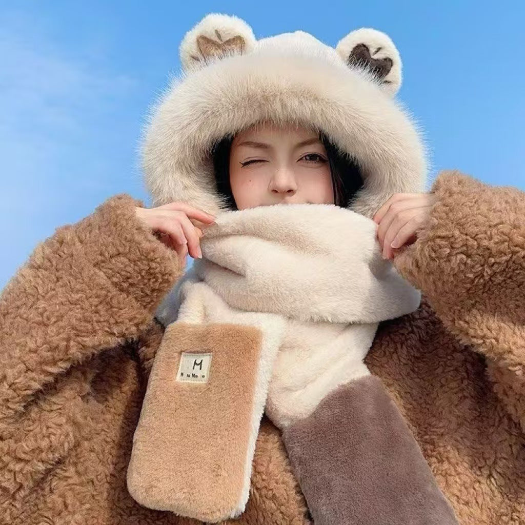 韓版の帽子の女性の秋冬の帽子のマフラーの3点セットのかわいいウサギの耳の暖かいマフラーの3点セットをプラスします
