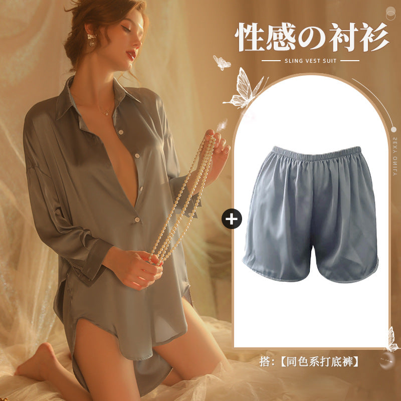 仙懿セクシー彼氏風シャツパジャマ女夏純欲薄款高級感部屋着可外着大ヤード430