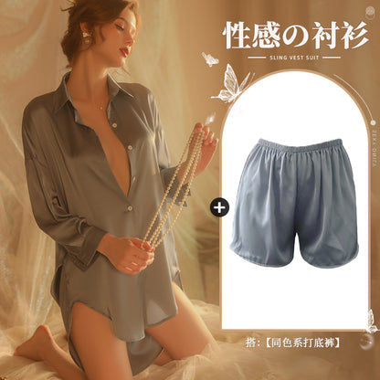 仙懿セクシー彼氏風シャツパジャマ女夏純欲薄款高級感部屋着可外着大ヤード430