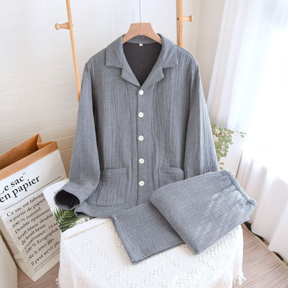 春秋の新型の4層の紗男性の女の人の部屋服水洗いの色の織の綿の紗のカップルの装長袖の長ズボンの四季のセットです