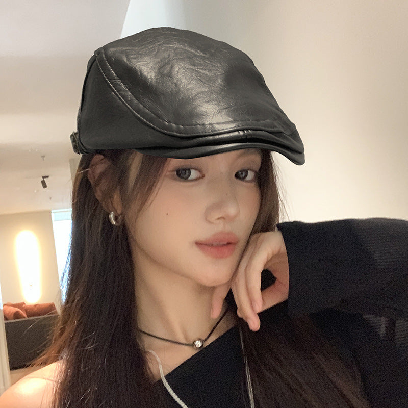 帽子の女性の款2025の新型のファッションの潮流革の港の風の頭の頭の頭の頭の前の帽子復古のベレー帽は顔が小さく見えます