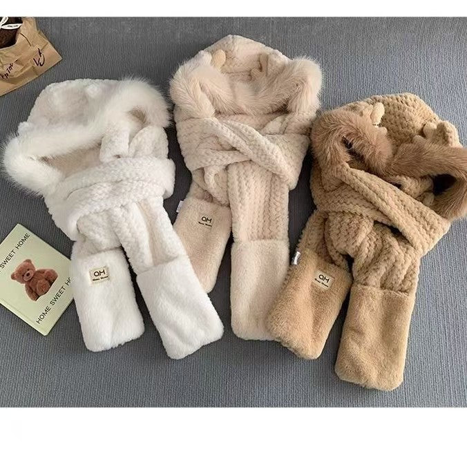 鹿の角の3点セットの秋冬の帽子女性の手袋のマフラーの一体はかわいくてあたたかくて厚い毛の絨帽を加えます