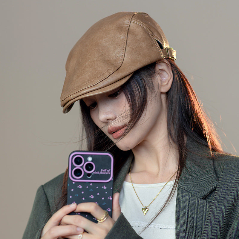 帽子の女性の款2025の新型のファッションの潮流革の港の風の頭の頭の頭の頭の前の帽子復古のベレー帽は顔が小さく見えます