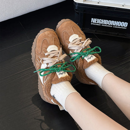 2025秋冬の新型の厚い底が高くなって阿甘靴を高くして暖かくすることをプラスします双色系靴女徳訓