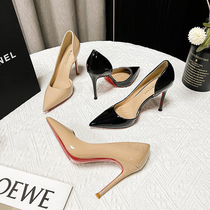 フランスの赤い地の側の空の尖ったハイヒールの女性の細いかかと秋冬の浅い口のセクシーな気質は百の合わせることができて軽くて高級感があります